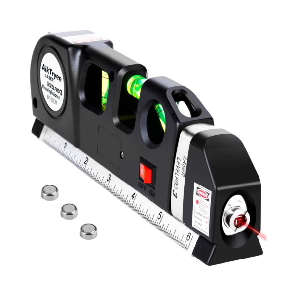 AikTryee Multipurpose Laser Level Tool with 8ft/2.5M Tape Measure – Cross Line Laser Beam Leveler with Metric & Imperial Rulers – Ideal for Picture Hanging, Cabinets, Tile & Wall Projects