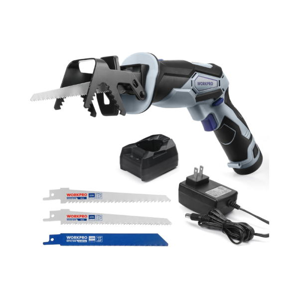 WORKPRO 12V Cordless Reciprocating Saw with Clamping Jaw, 2.0Ah Li-Ion Battery & 1-Hour Fast Charger, Variable Speed, Tool-Free Blade Change – Includes 3 Blades for Wood & Metal Cutting