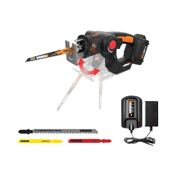WORX WX550L 20V Power Share Axis 2-in-1 Cordless Reciprocating and Jig Saw with Orbital Action and Dust Blower – Includes Blades, Battery & Charger