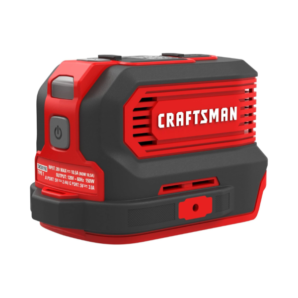 CRAFTSMAN V20 Power Inverter, 150W Portable Charger with Type-C, Type-A & AC Ports, LED Flashlight, Versatrack Compatible – Bare Tool Only (CMCB1150B)