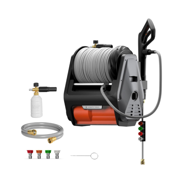 Giraffe Tools Grandfalls Pressure Washer Pro, Wall Mount Electric Power Washer with 100FT Auto-Retractable Hose, 3700 PSI, 1.6 GPM, 4 Nozzles, Foam Cannon, TSS, Dark Silver
