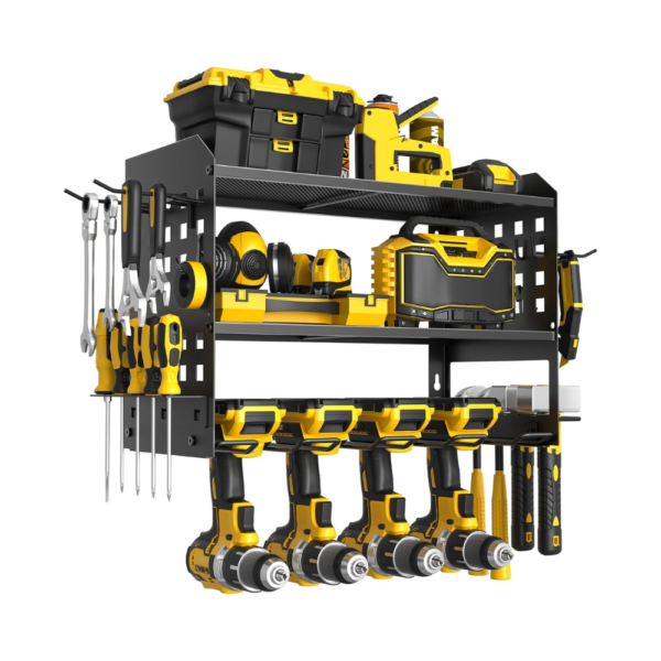 SPACECARE Power Tool Organizer with Drill Holder Wall Mount, Side Pegboards & Hooks – 3-Tier Heavy-Duty Steel Garage Utility Rack for 4 Drills, Black
