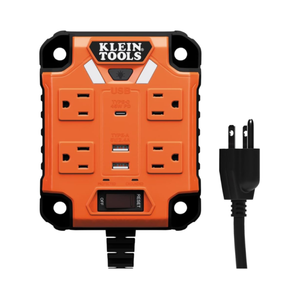 Klein Tools 29601 Magnetic Power Strip with Surge Protector – 4 Outlets, 3 USB Ports, 5-Foot Cord, 45W USB-C Fast Charging, Built-in LED Work Light, Heavy Duty PowerBox 1