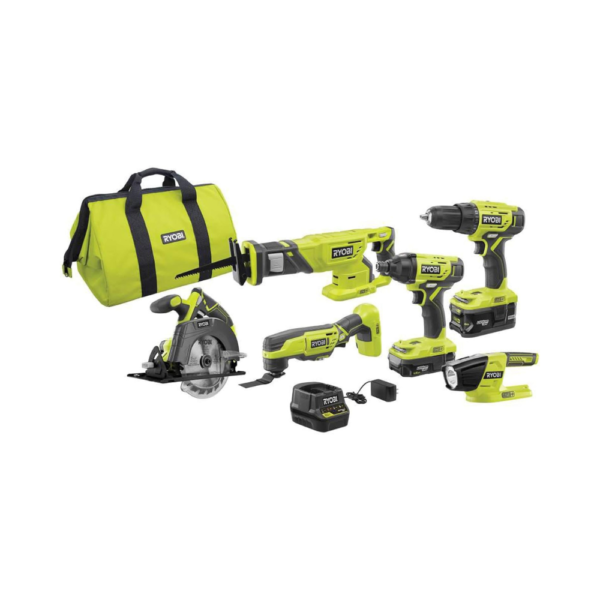RYOBI P1819 18V ONE+ Cordless Tool Combo Kit – 6-Tool Set with Drill/Driver, Impact Driver, Reciprocating & Circular Saws, Multi-Tool, LED Light, 2 Batteries, Charger & Bag