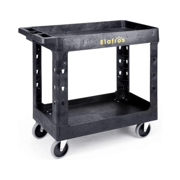ELAFROS Heavy Duty Utility Cart – 2-Tier Plastic Service Cart with Deep Tub Shelves, Lockable Swivel Wheels, Ergonomic Handle – 34"x17", Holds Up to 550 lbs – Ideal for Warehouse, Garage, Cleaning