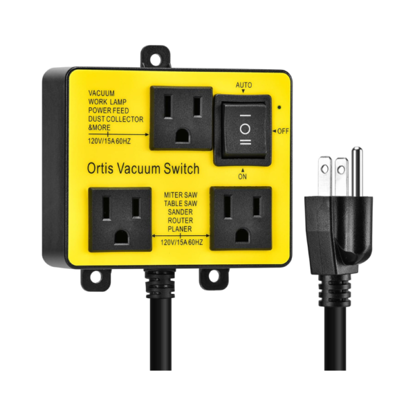 Ortis Automatic Vacuum Switch with Dual Tool Outlets – Auto On/Off Delay to Prevent Circuit Overload – Dust Control Power Tool Switch for Miter/Table Saws, Sanders, Planers & More – 120V/15A, 1875W Max