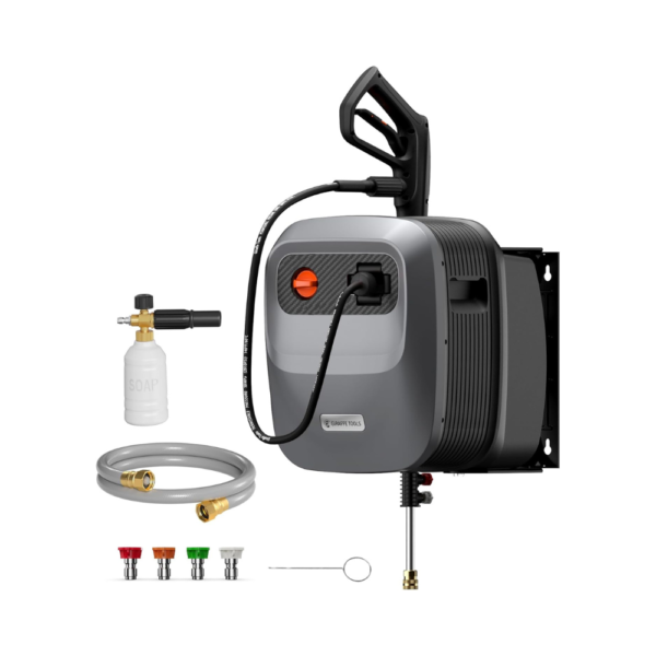 Giraffe Tools Grandfalls G20B Pro Wall-Mounted Pressure Washer – 2500 PSI, 2.2 GPM, 65FT Retractable Hose Reel, 5 Nozzles & Foam Cannon – Electric Power Washer for Cars, Patios, Fences – Dark Silver