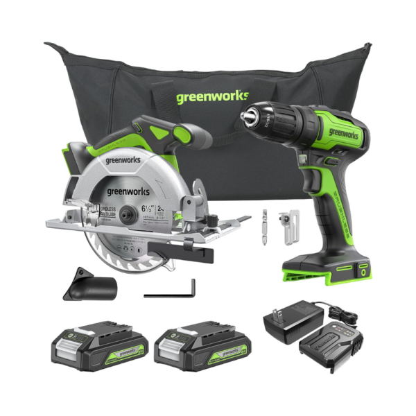 Greenworks 24V Cordless Drill/Driver & 6-1/2" Circular Saw Combo Kit – Brushless Motor, 310 in-lbs Torque, 4,800 RPM, LED Light, 2×2Ah Batteries & Fast Charger Included