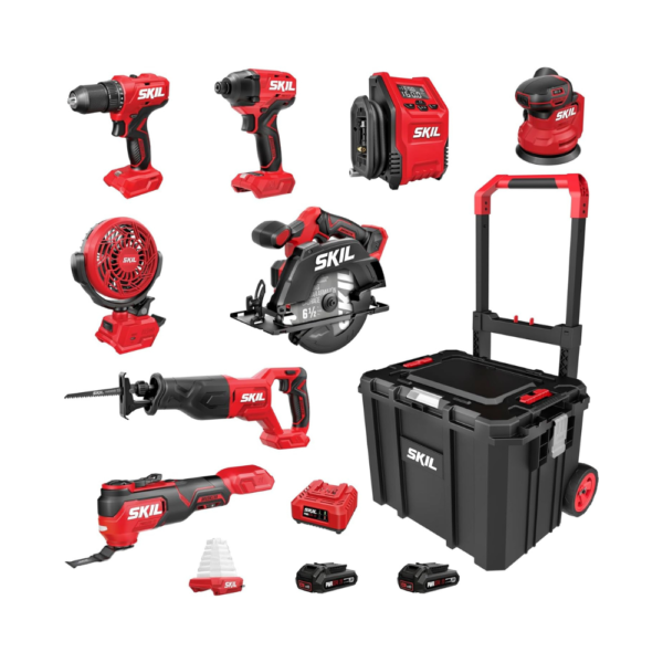 SKIL PWR CORE 20V Brushless 9-Tool Combo Kit with 2×2.0Ah Batteries, Charger & Rolling Tool Box – CB8009B-20