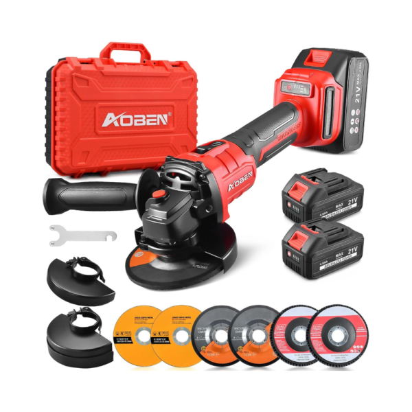 AOBEN Cordless Angle Grinder 4-1/2", 21V Brushless Grinder Tool with 2×4.0Ah Batteries & Fast Charger, 3-Speed Control, Protective Wheel Guards, for Cutting, Grinding & Polishing – Includes Full Accessory Kit