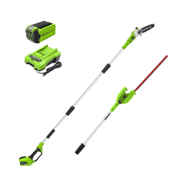 Greenworks 40V Cordless Pole Saw & Pole Hedge Trimmer Combo Kit, 8" Chainsaw Bar, 20" Dual-Action Blade, 7-Position Head, 2.0Ah Battery & Charger (Gen 1)