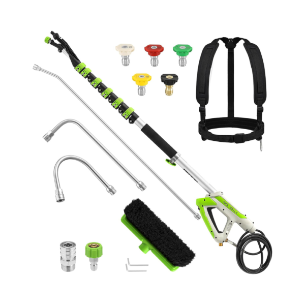 Tool Daily 21FT Telescoping Pressure Washer Wand with Brush, Aluminum Extension Pole with 3 Curved Rods, 5 Nozzle Tips, Gutter Cleaner, Adjustable Belt, 4000 PSI
