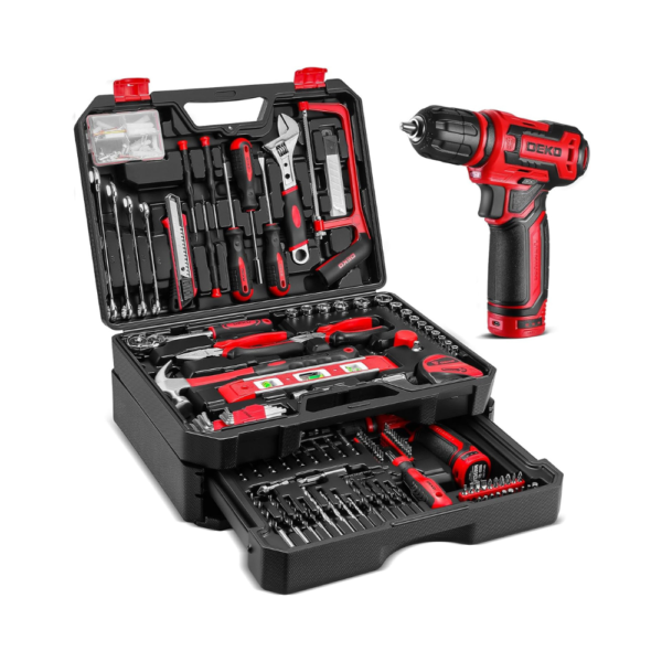 Drill Tool Set – 238-Piece Home Tool Kit with 12V Cordless Power Drill, Upgraded Toolbox with Drawer, Hand Tools for Men & Women – Red
