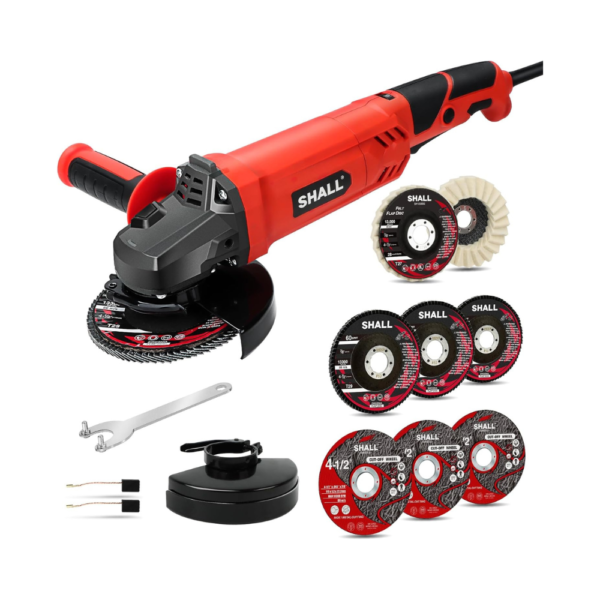 SHALL 7.5Amp Angle Grinder Tool, 4-1/2 Inch – 6 Variable Speed Electric Grinder (3000–12000 RPM), Includes 2 Wheel Guards, 3 Cutting Wheels, 3 Flap Discs, Non-Slip Handle – For Metal, Wood, and More