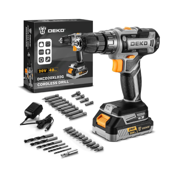 Power Drill Cordless: DEKO PRO 20V Electric Drill Set – Lightweight Cordless Design with Battery, Charger & 31-Piece Accessory Kit for DIY and Home Repairs