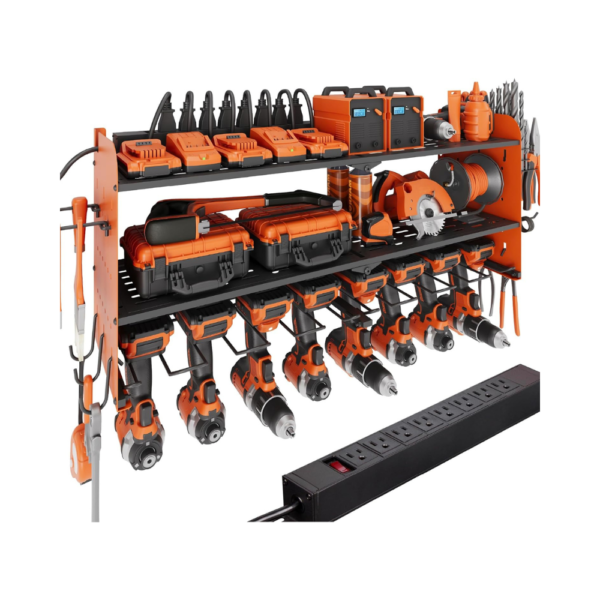 Suchtale Power Tool Organizer with Charging Station – 33.2" Wall Mount Garage Storage Rack, 8 Drill Holders, 3-Tier Heavy-Duty Metal Shelf with 8-Outlet Power Strip – Gift for Men, Dad – Orange