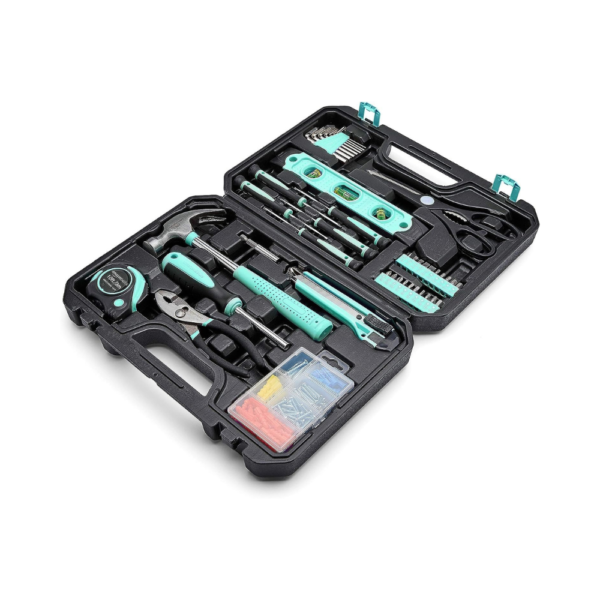 Amazon Basics 142-Piece Household Tool Kit with Storage Case – Turquoise – Everyday Home Repair & DIY Tool Set – 13.39" x 9.25" x 2.95"