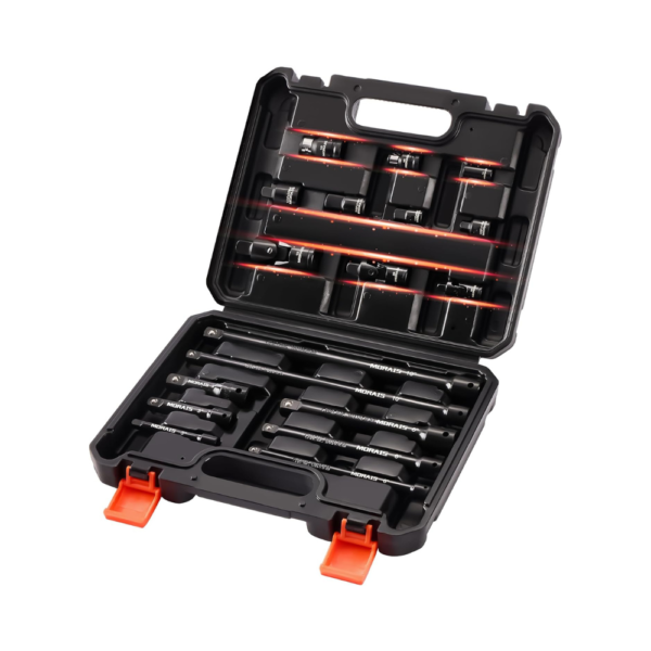 Morais 18-Piece Socket Extension Set – Chrome Vanadium Steel with Adapters, Universal Joints, Impact Coupler – 1/4", 3/8", 1/2" Drive – Compact Case for Storage & Organization