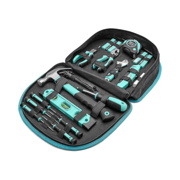 Amazon Basics 104-Piece Home Tool Set with Compact Round Pouch  Turquoise  Essential Hand Tools for DIY & Household Repairs