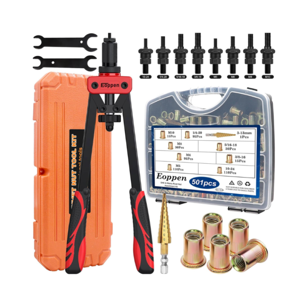 Rivet Nut Tool Kit – Rivnut Tool Set with 500Pcs Rivet Nuts (M5–M10, SAE) & 8 Interchangeable Mandrels Includes Step Drill Bit & Durable Carrying Case