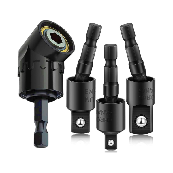 Right Angle Drill Adapter, 4-in-1 Impact Grade Socket Adapter Set – 105° Angle Driver & 360° Rotatable 1/4", 3/8", 1/2" Hex Shank Extensions for Tight Spaces, DIY, Industry & Repair