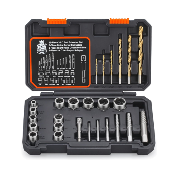 REXBETI 26-Piece Bolt Extractor & Screw Extractor Set with Cobalt Drill Bits 4-in-1 Kit with 13 Bolt Removers, 6 Spiral Extractors, 6 HSS Drill Bits & Socket Adapter in Carrying Case