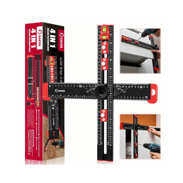 Saker 4-in-1 Drilling Positioning Ruler 13.78" Adjustable T-Square Ruler, Cabinet Hardware Jig & Marking Gauge Tool for Woodworking, Door Handle & Drawer Hole Drilling