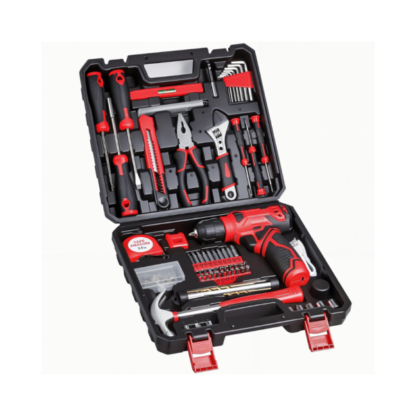 Tool Set – 132-Piece Tool Kit with 8V Cordless Drill & LED, Rechargeable Battery, Hand Tools & Storage Case Perfect Home Tool Set for Men & Women, DIYers & Homeowners Red
