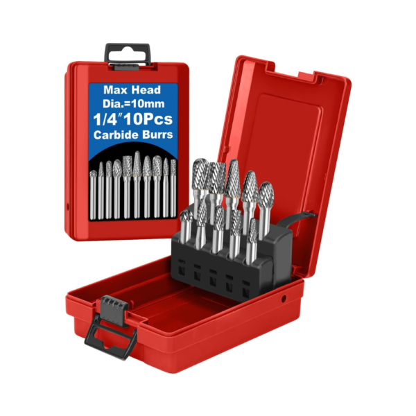 10Pcs Carbide Burr Set 1/4" Shank with Red Storage Box  Max Head Dia 10mm Die Grinder Bits for Metal, Wood, Stone, Steel Rotary Tool Accessories for Cutting, Deburring & Carving