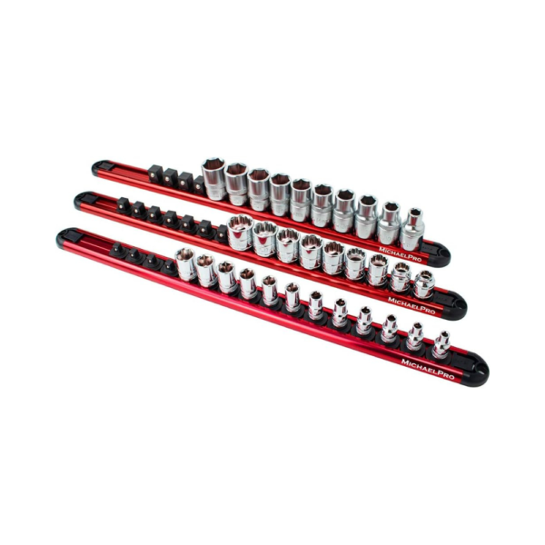 MichaelPro 3-Piece Aluminum Socket Organizer Rail Set 1/4", 3/8", and 1/2" Drive Holds 46 Sockets  Heavy-Duty Socket Storage Tray for Toolboxes | MP014001