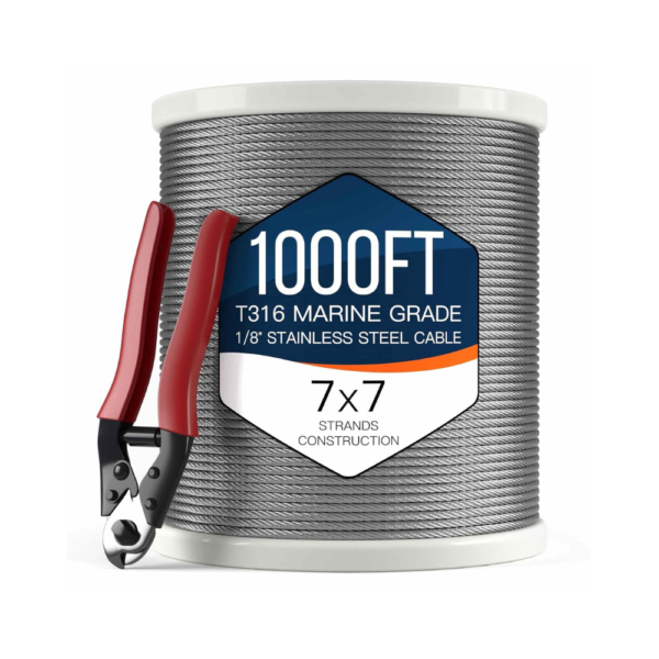NUTYPE 1/8" T316 Stainless Steel Cable1000FT Aircraft Cable for Deck Railing, 7x7 Strand Core, Marine Grade Wire Rope with Cutter Rust & Corrosion Resistant