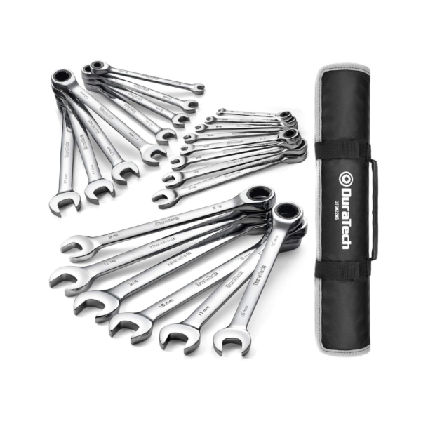 DURATECH Ratcheting Wrench Set 22-Piece SAE & Metric Combination Wrenches (1/4"–3/4" & 6–18mm), Chrome Vanadium Steel, 72-Tooth, Tool Roll Pouch Included