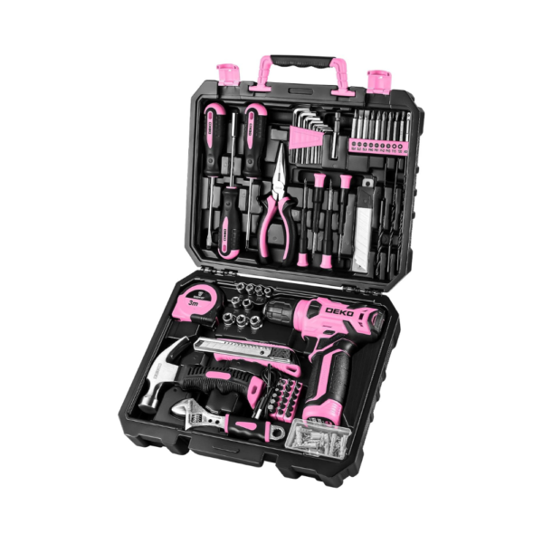 DEKOPRO Drill Set: Tool Set with 8V Pink Cordless Drill, Home Tool Kit with Drill, Hand Tool Kits for Women – 126 Piece