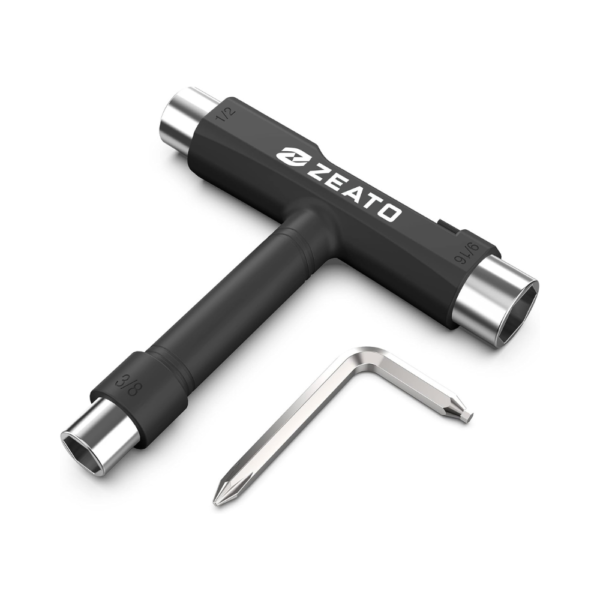 All-in-One Skateboard T Tool Multi-Function Portable Skate Tool with Allen Key, Phillips Head Screwdriver, and 3 Socket Sizes