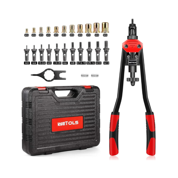 WETOLS 16" Rivet Nut Tool Kit Heavy-Duty Rivnut Setter with 11 Metric & SAE Mandrels (M3–M12, 10-24 to 3/8-16), 110pcs Rivet Nuts & Blow Molded Carrying Case – WE-889