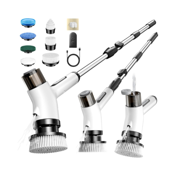Electric Spin Scrubber, Cordless 2-Speed Shower Scrubber with Foam Dispensing & Remote Control, IPX7 Waterproof Adjustable Electric Scrubber with 7 Replaceable Brushes for Bathroom, Kitchen, Car