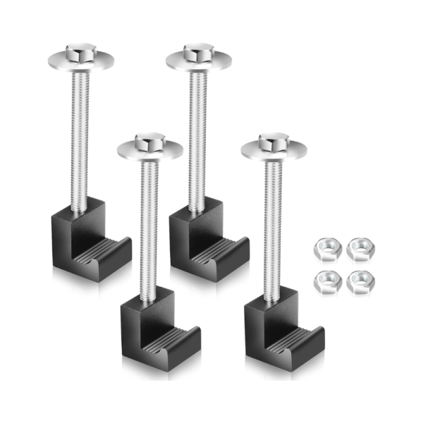 Upgraded Truck Tool Box Mounting Kit with Fastening Nuts – Heavy-Duty Aluminum Universal Tie Downs – No-Drill J-Hooks for Crossover Toolboxes in Pickup Truck Beds (Black, 4PCS)