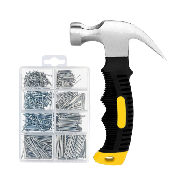 KURUI 700PCS Picture Hanging Nails & 8oz Mini Hammer Set – Wall Decor Hanging Kit with Assorted Finishing & Roofing Nails in Organizer Case – Compact Hammer for Ladies, Kids & DIY Projects