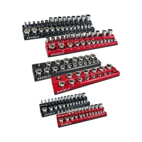 6-Piece Magnetic Socket Organizer Set – SAE & Metric 1/2", 1/4", 3/8" Deep & Shallow Socket Holder Kit, Holds 141 Standard Sockets, Attaches to Steel Tool Box or Cart (Sockets Not Included)