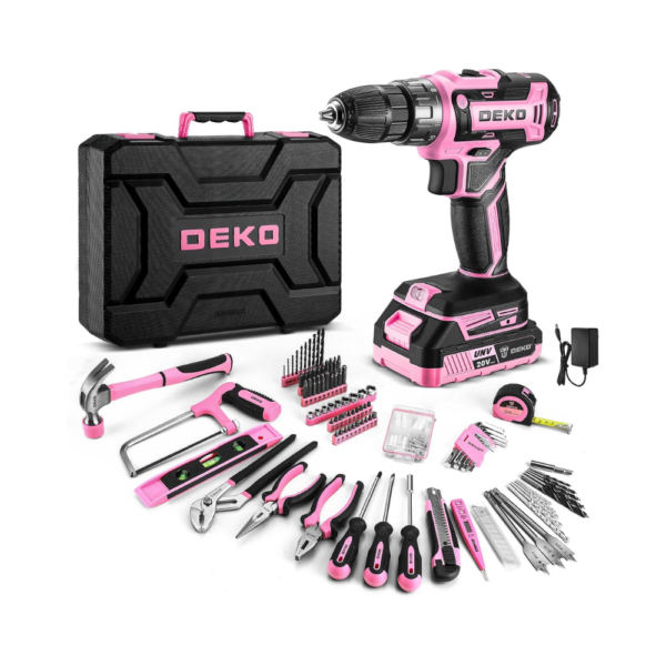 DEKOPRO Pink Drill Tool Kit Set: 20V Cordless Power Drill Tool Box with Battery Electric Drill Driver for Men & Women, Home Repair Basic Toolbox Tools Set with Case – DKMT186-GP