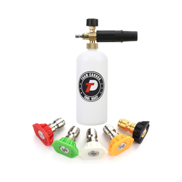 Tool Daily Foam Cannon with 1/4-Inch Quick Connector, 1-Liter Bottle, 5 Pressure Washer Nozzle Tips – Adjustable Snow Foam Lance for Car, Motorcycle, and Surface Cleaning