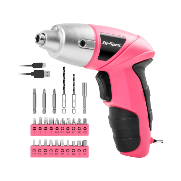 Hi-Spec 3.6V Pink Cordless Electric Screwdriver Set USB Rechargeable Mini Power Screwdriver with 27-Piece Driver Bit Kit for Home & Office Use
