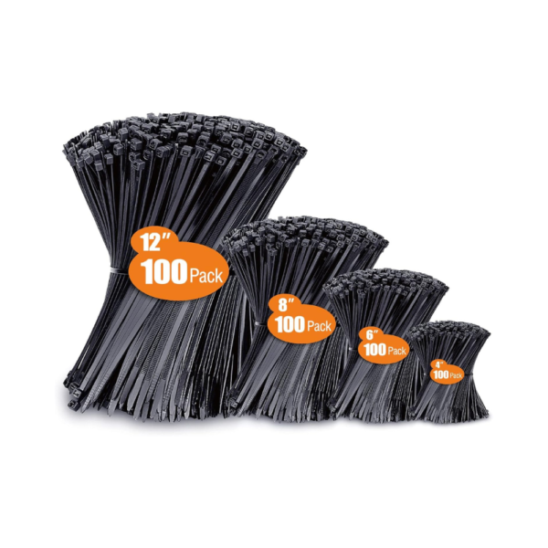 ANOSON Zip Ties – 400 Pack Assorted Sizes (4”, 6”, 8”, 12”) – Heavy-Duty Black Cable Ties, UV Resistant, Indoor/Outdoor Wire Management Solution
