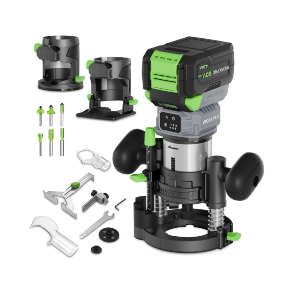 WORKPRO 20V Cordless Compact Router Tool – Brushless Motor, 6 Variable Speeds up to 30,000 RPM, Multi-Base Kit with Bits, Guides & 4.0Ah Battery for Chamfering, Slotting, and Trimming