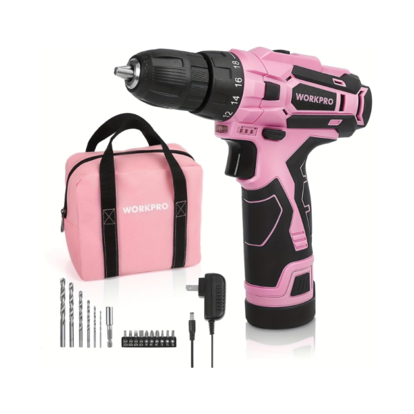 WORKPRO Pink Cordless Drill Driver Set, 12V Electric Screwdriver Tool Kit with 3/8" Keyless Chuck, 18+1 Clutch, 2 Variable Speeds, Charger & Storage Bag – Pink Ribbon Edition