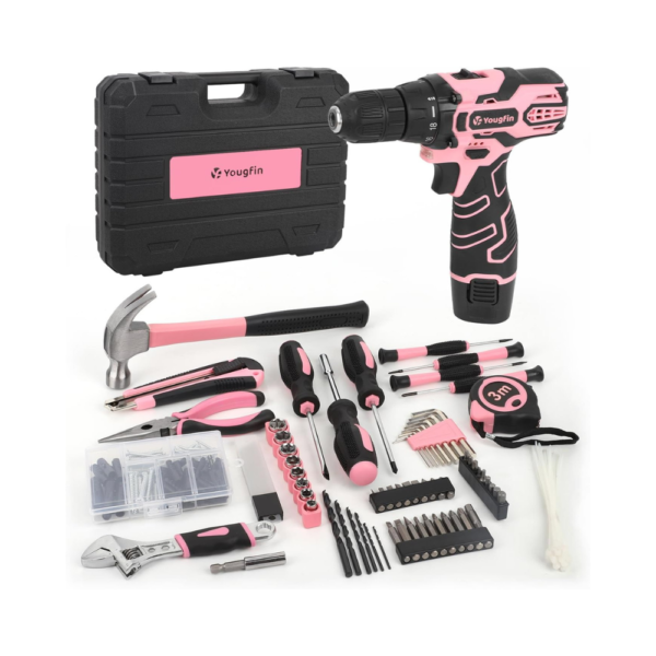 YOUGFIN Pink 12V Cordless Drill Set for Women – 195-Piece Home Tool Kit with Power Drill, Fast Charger, and Toolbox – DIY Household Repair & Improvement Kit