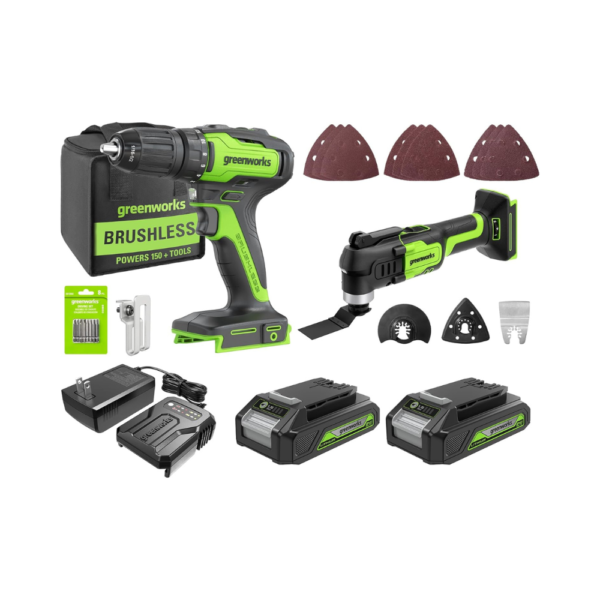 Greenworks 24V Brushless 2-Piece Cordless Power Tool Combo Kit – Includes Drill Driver, Oscillating Multi-Tool, 2x 2.0Ah Batteries & Charger