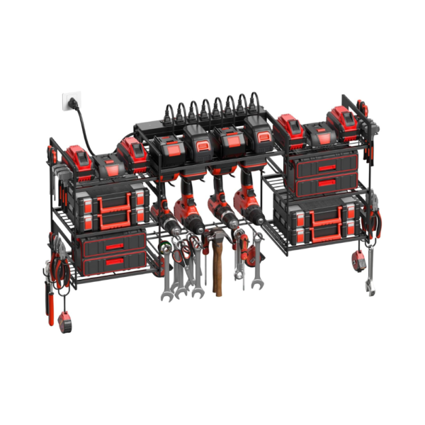 CCCEI Black Power Tool Organizer Wall Mount – Large Drill & Battery Storage Rack with Charging Station, Individual Switches, Garage Utility Shelves with 6FT Power Strip, Gift for Men