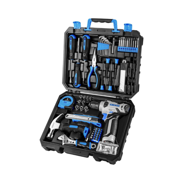 DEKOPRO Drill Set: 126-Piece Tool Set with 8V Cordless Drill, Rechargeable Battery & Hand Tools – Compact Home Repair Kit for Men & Women