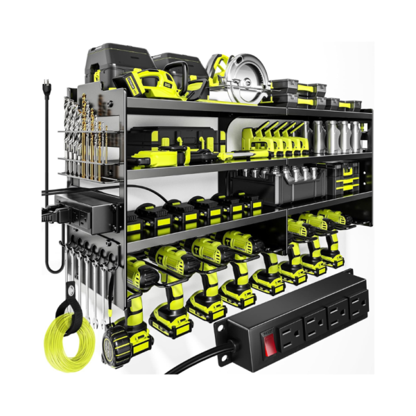 Large Power Tool Organizer Wall Mount with Charging Station – Heavy Duty 4-Tier Metal Rack, 600lbs Load Capacity, 8 Drill Slots, Utility Shelf with 4-Outlet Power Strip